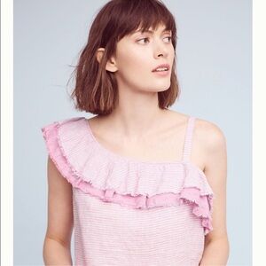 Anthropologie Holding Horses Purple & Blue Linen Striped Flounce Blouse EUC SZM